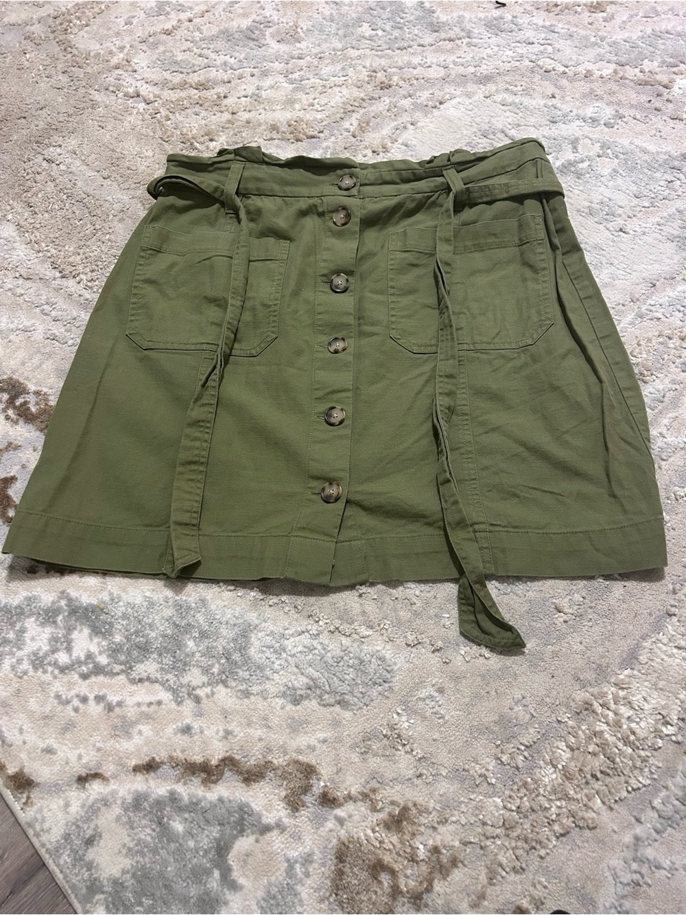 LOFT Olive Green Button-Front Mini Skirt with Tie Belt